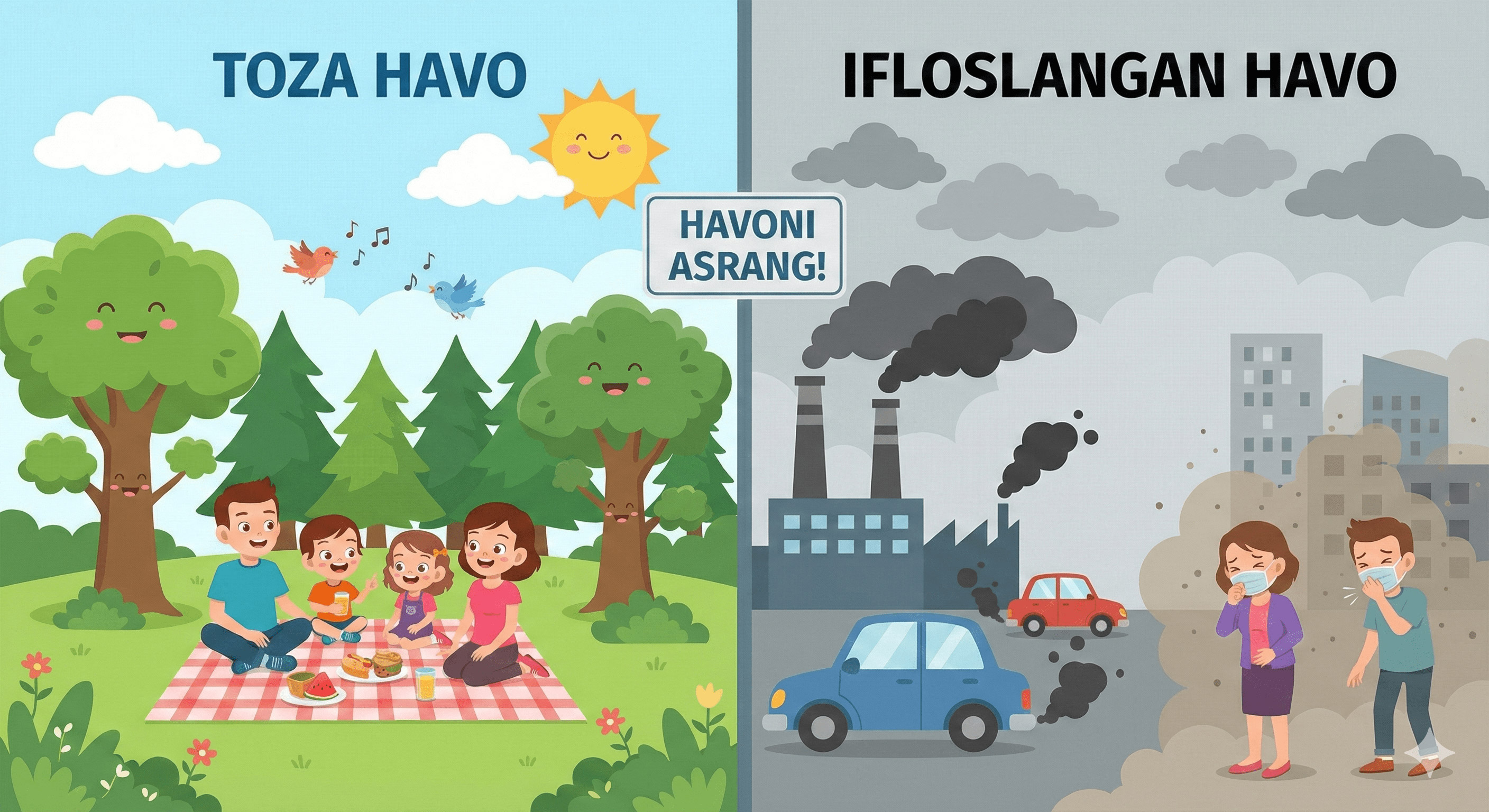 Toza va iflos havo tasviri, shahar va tabiat manzarasi