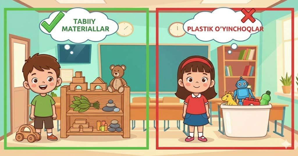 Tabiiy materiallar va plastik o‘yinchoqlar taqqoslanmoqda