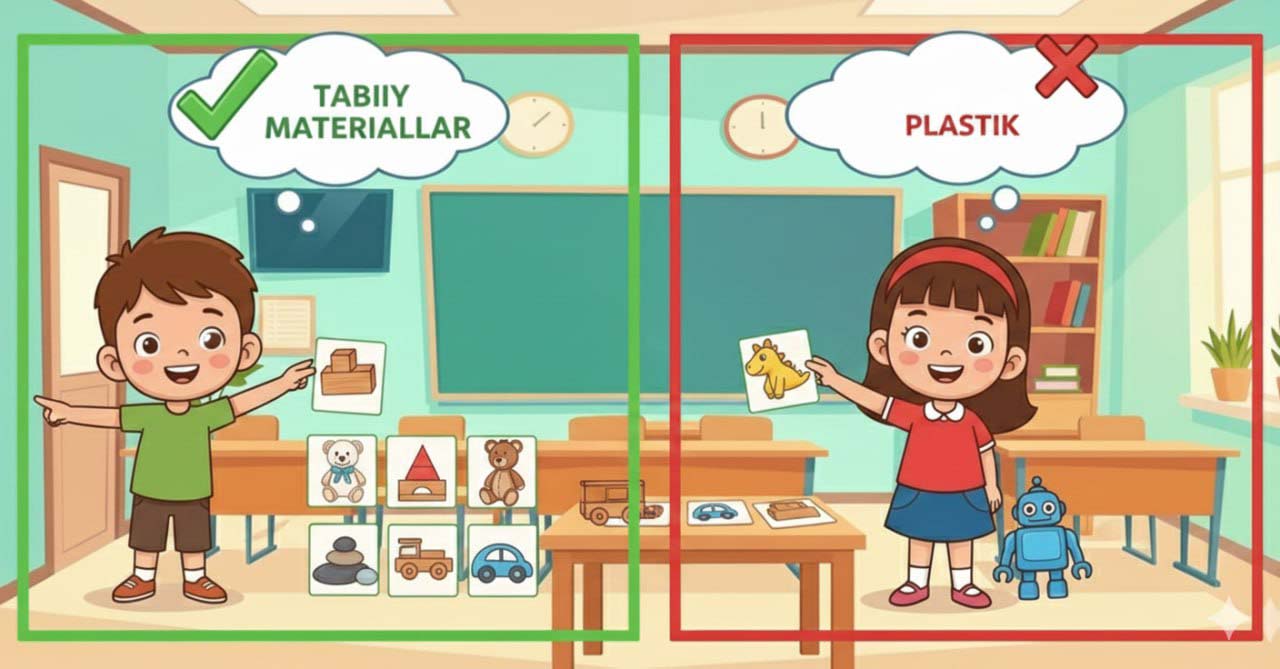 Bolalar kartochkalar bilan tabiiy va plastik o‘yinchoqlarni ajratishmoqda