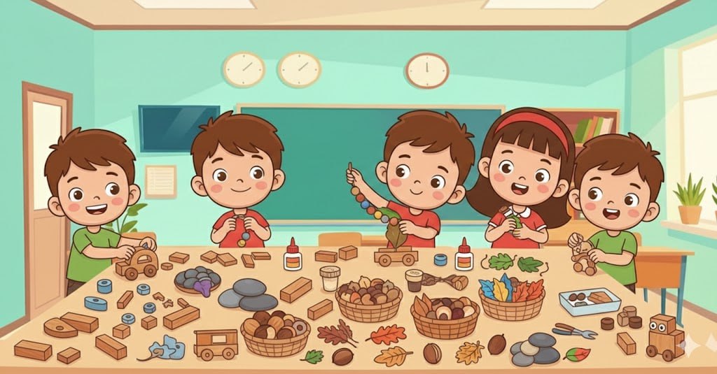 Bolalar tabiiy materiallardan o‘yinchoqlar yasamoqda