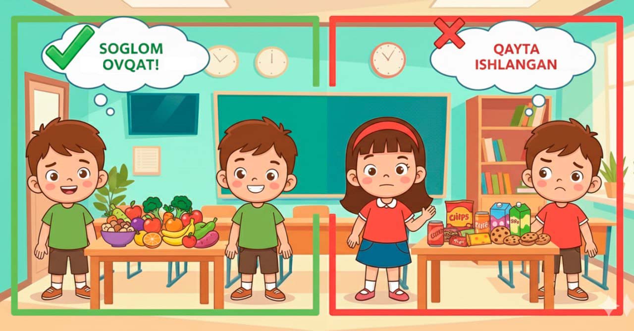 Sog‘lom ovqat va qayta ishlangan gazaklarni taqqoslash