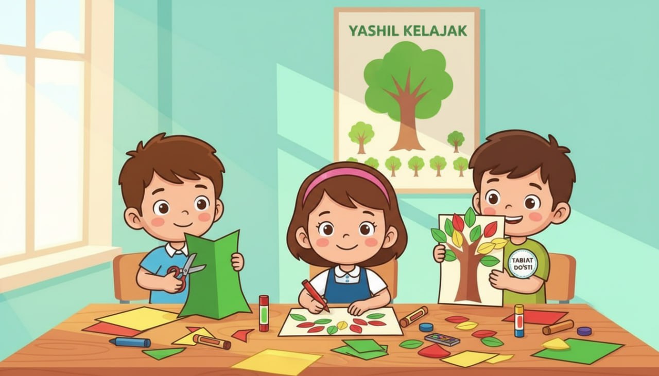 Bolalar qog‘ozdan daraxt yasayotgan jarayon