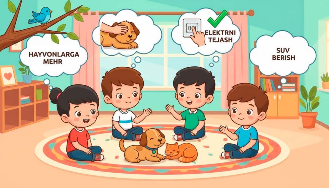 Uyda hayvonlar bilan o‘tirgan bolalar