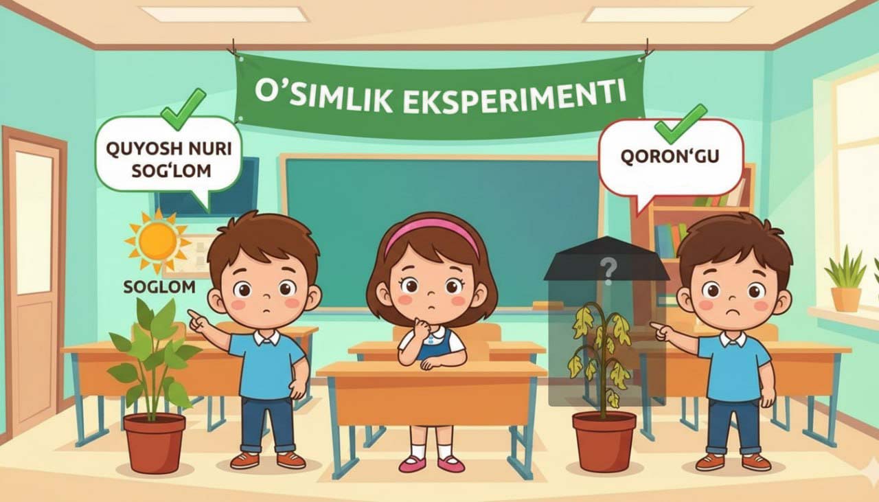 Quyosh nuri ostida va qorong‘ida o‘sgan o‘simliklar eksperimenti