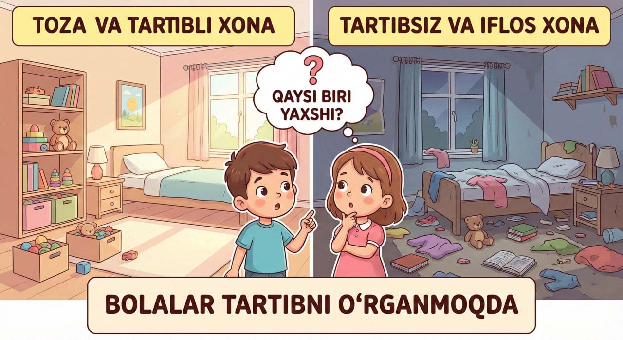 Toza va tartibsiz xonaga qarab o‘ylayotgan bolalar