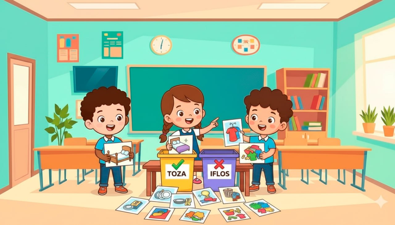 Toza va iflos buyumlarni ajratayotgan bolalar