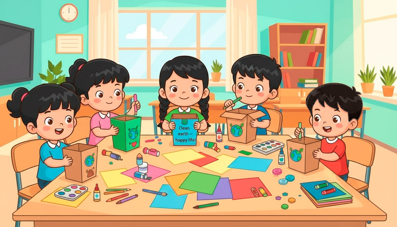 Bolalar tabiat mavzusida qo‘l mehnati bilan quti yasayotgani