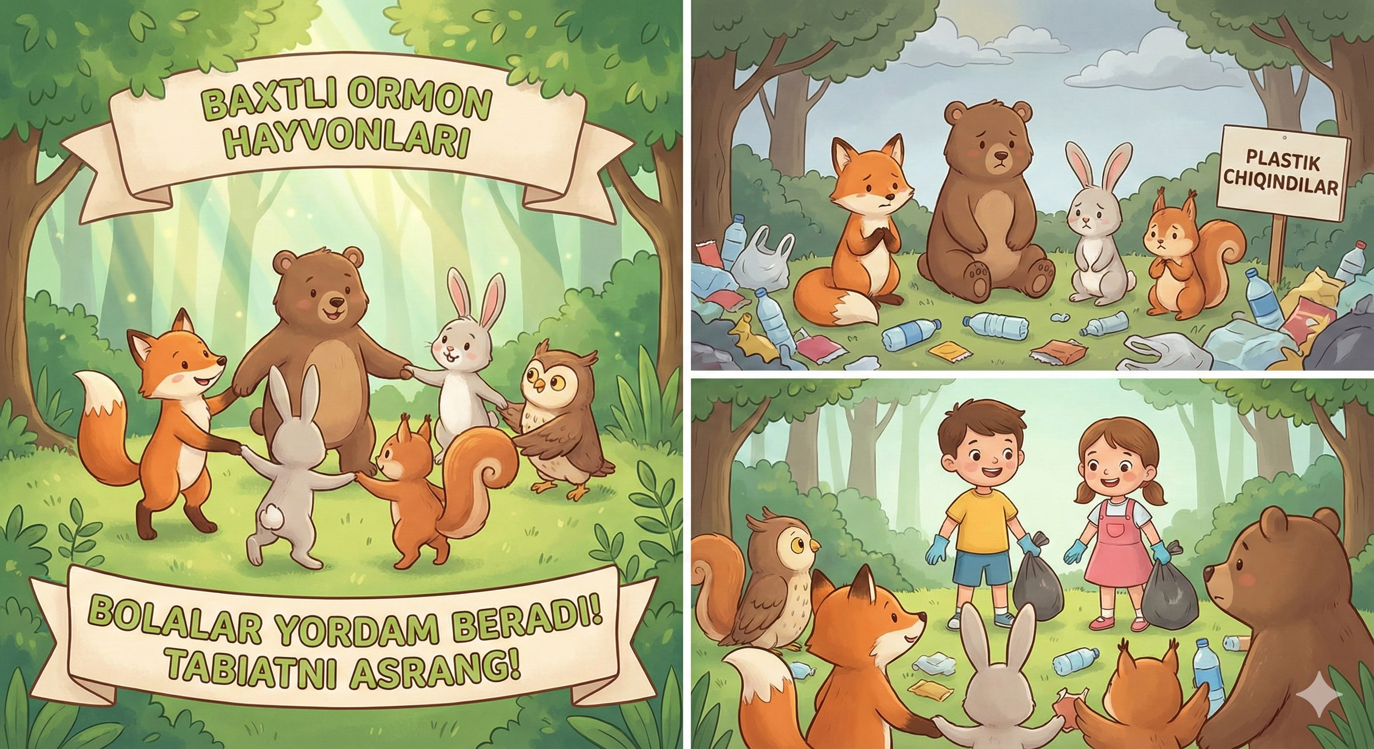 Baxtli o‘rmon hayvonlari va plastik chiqindi haqidagi komiks